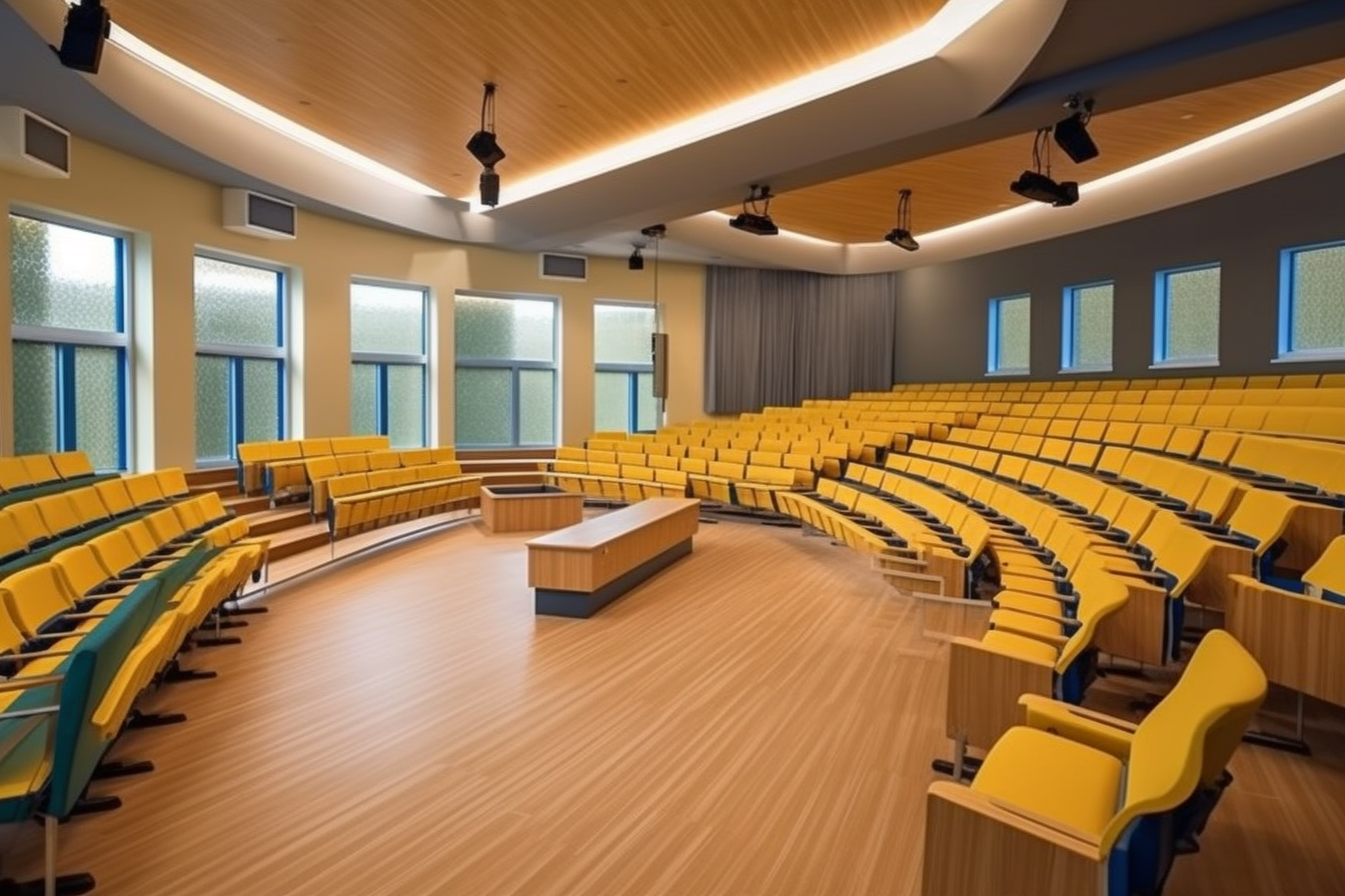 Dikiy a conference auditorium with wooden seats in the style of dfef0c66 86a5 4ee9 81e6 78eb8116051c