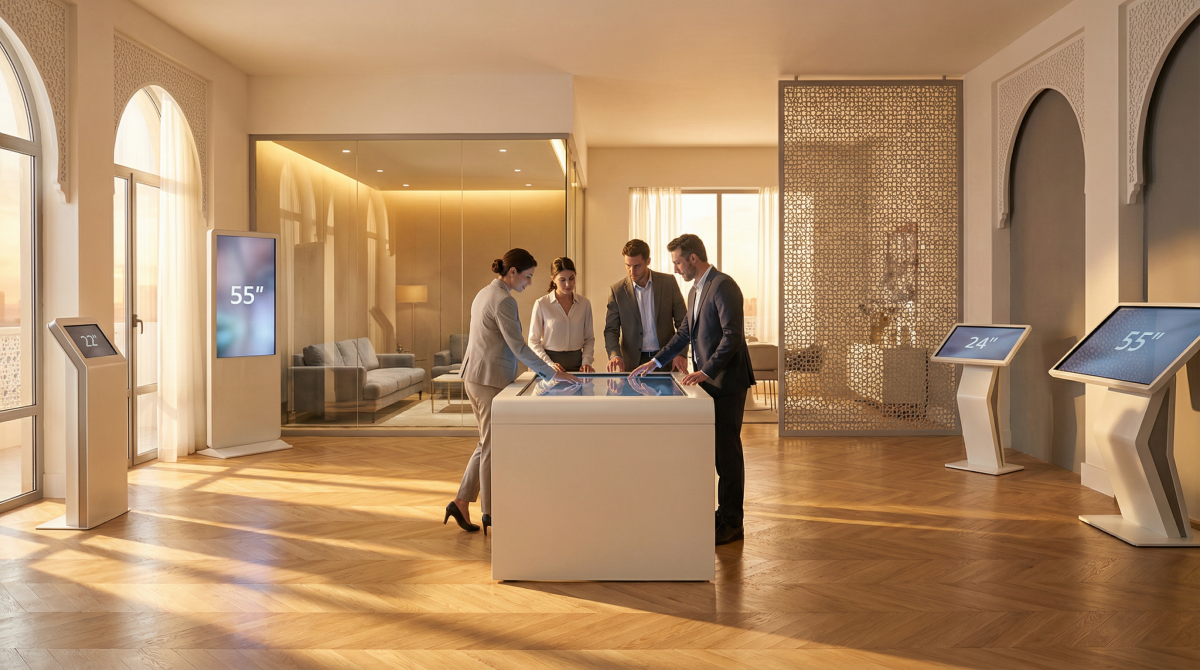 Utilisateur naviguant interface interactive sur table digitale