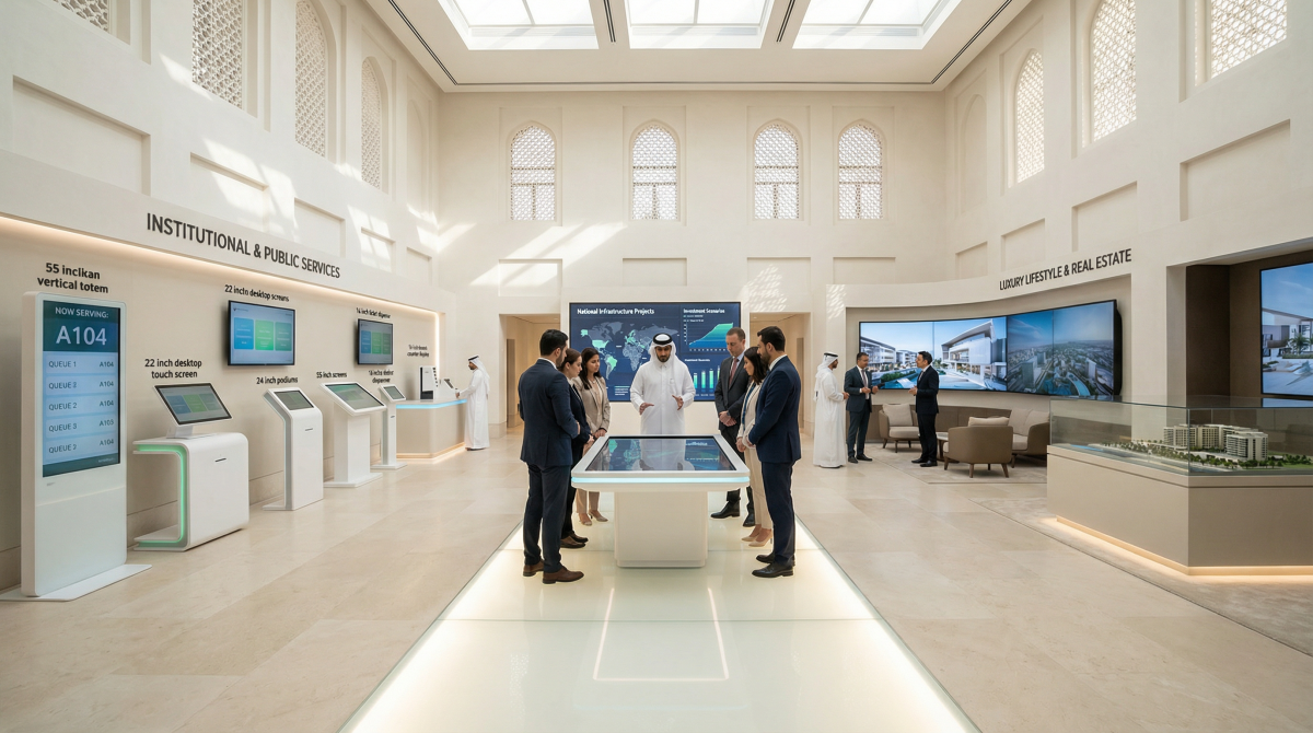 Visiteurs explorant solutions numériques interactives dans showroom