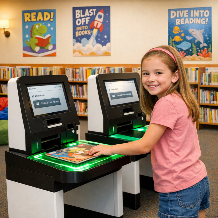 Borne de bibliothèque intelligente avec écran tactile affichant des catégories de livres et compartiments de retrait automatisés