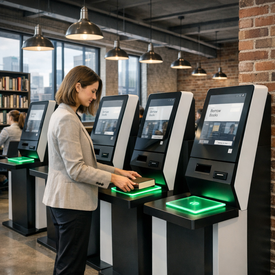 Borne de service de bibliothèque intelligente avec écran digital et sélection de livres