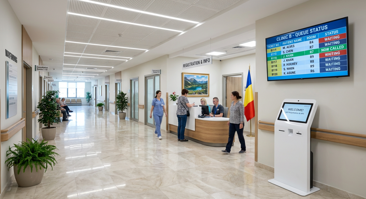 Borne digitale pour organisation des files d'attente en centre médical