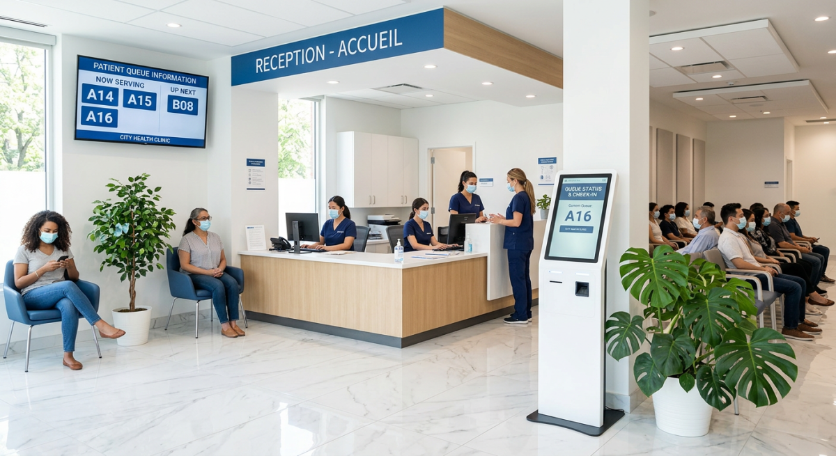 Borne interactive pour prise de ticket dans une clinique
