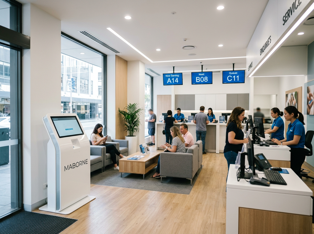 Borne tactile de gestion de file d'attente dans une boutique d'opérateur télécom