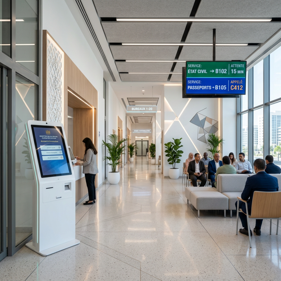 Borne tactile de gestion de file d'attente dans une mairie moderne