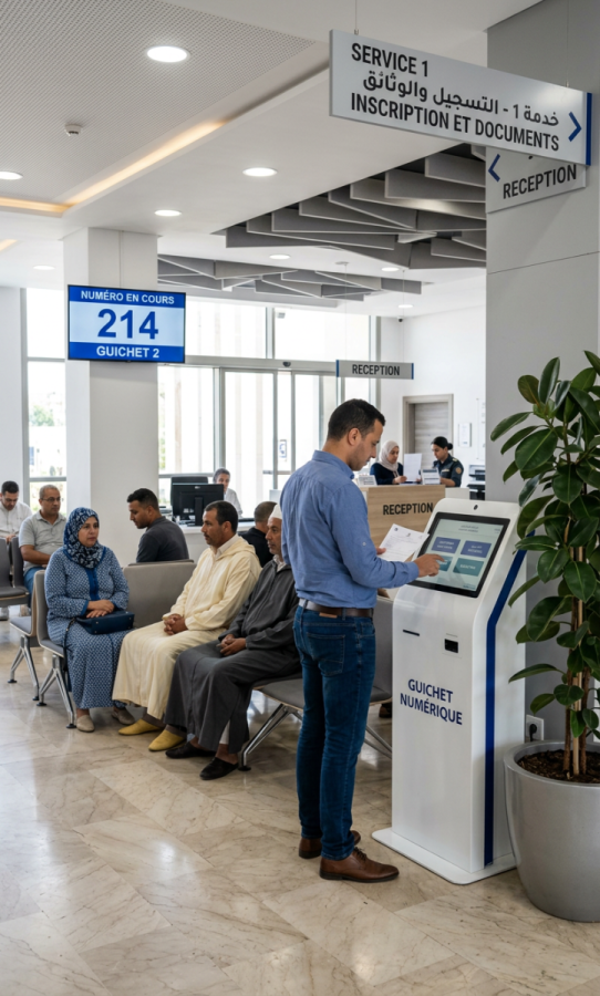 Client prenant un ticket sur une borne interactive