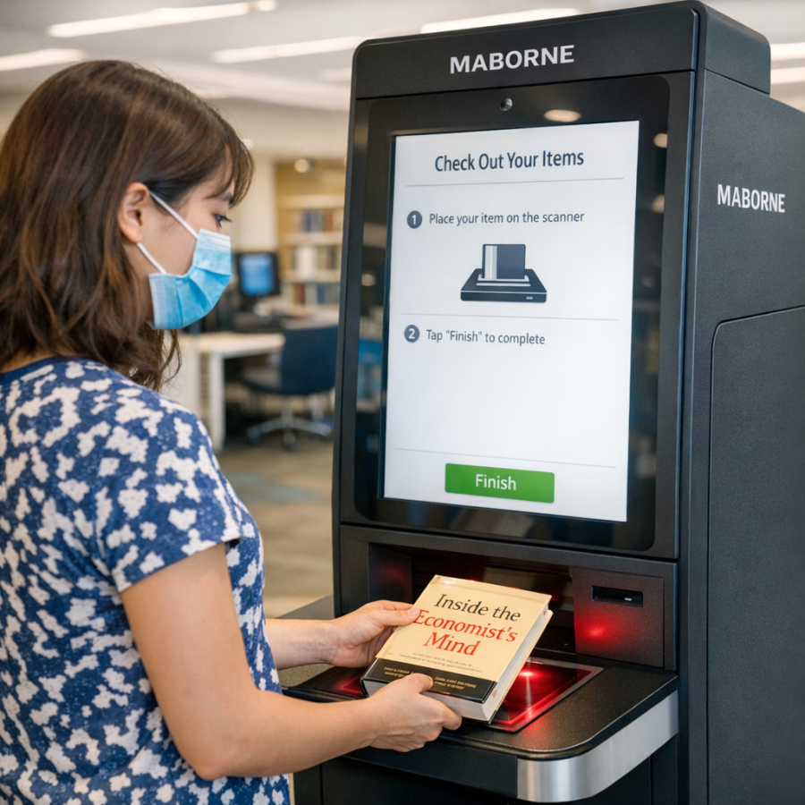 Utilisateur interagissant avec une borne tactile de bibliothèque pour rechercher un livre