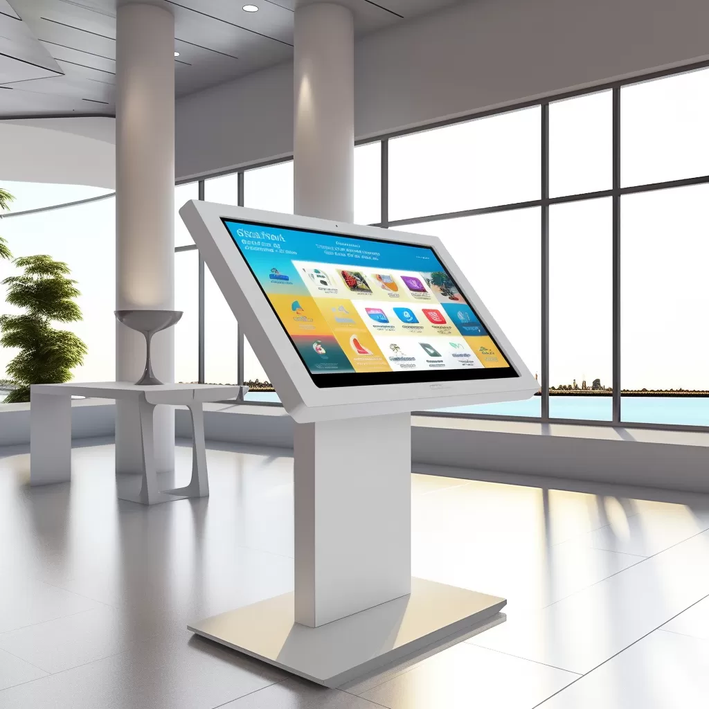 Pupitre tactile 3 phildrink white 55 touch kiosk in a large reception hall with b 0c4dfeb0 1f31 4883 af43 1886aa6b1e66
