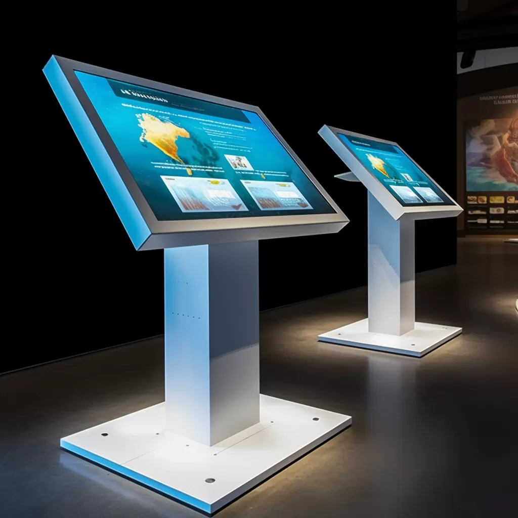 Pupitre tactile 6 phildrink white 55 touch terminals in a museum 8k realistic c96b02e6 7bee 42a1 baeb 2a580baa1fb4
