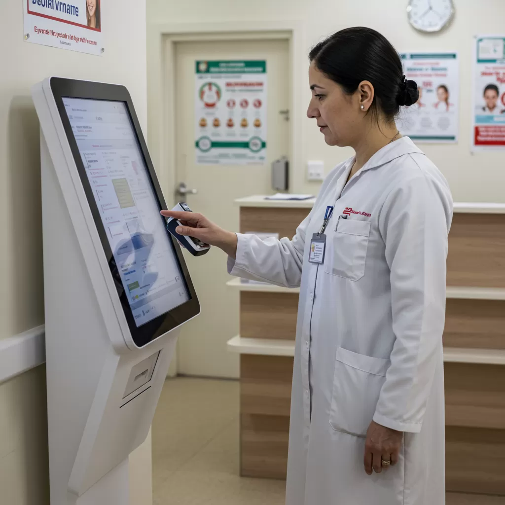 Borne tactile avec système de badging pour hôpital Borne tactile avec système de badging pour hôpital